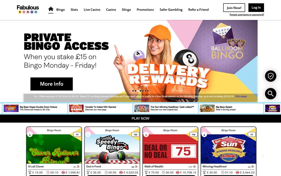 Fabulous Bingo’s homepage: the Fabulous Bingo logo and a menu running from Bingo to Refer a Friend, a Private Bingo Access banner, a strip of game tiles, the Play Now bar and four bingo room cards (Clover Rollover, Speedy Bingo, Deal or No Deal 75 and Winning Headlines).