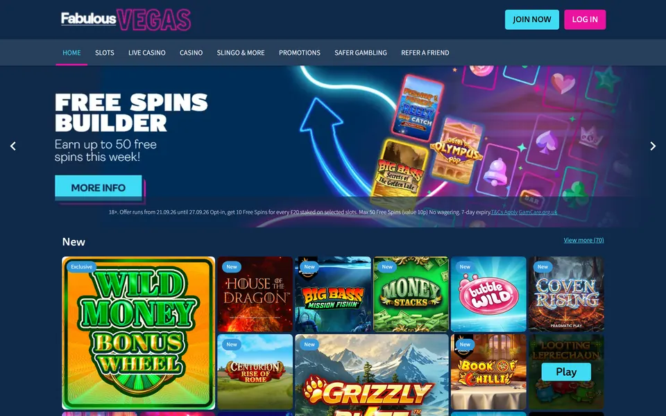 Fabulous Vegas homepage: the neon Fabulous Vegas logo on a navy header, a menu with Slingo & More in place of bingo, a Free Spins Builder banner and a grid of new slot tiles.