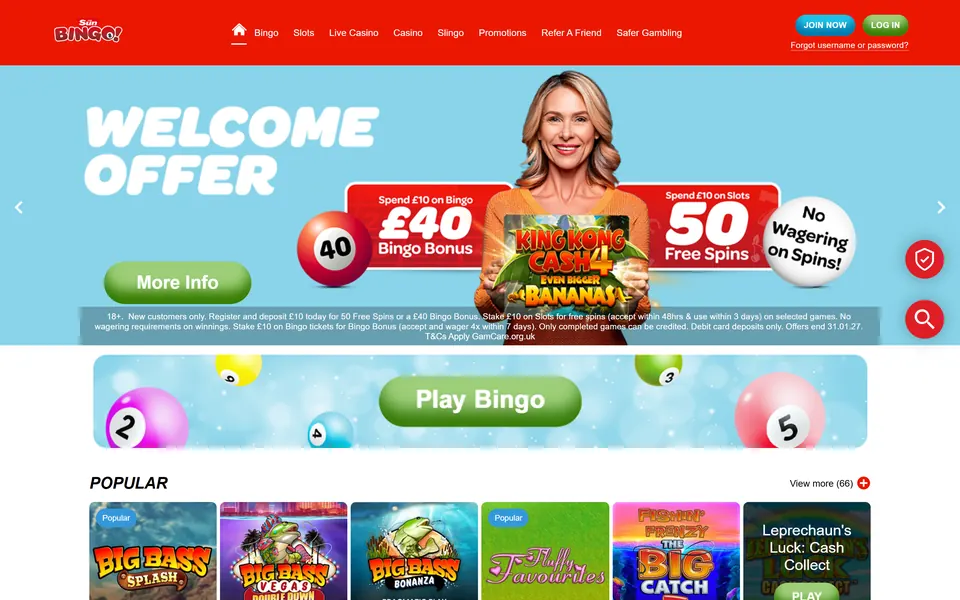 Sun Bingo’s homepage: a red header with the Sun Bingo logo and a menu running from Bingo to Safer Gambling, a Welcome Offer banner, a Play Bingo band of bingo balls, and a Popular row of slot tiles.