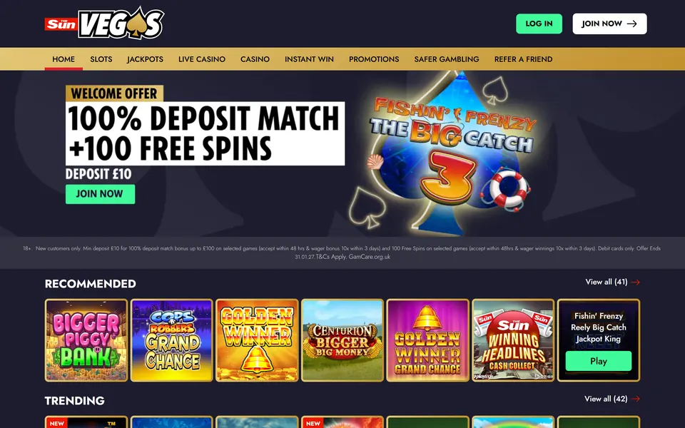 The Sun Vegas homepage: its logo on a dark header, a gold menu bar with jackpots and instant win but no bingo tab, a Welcome Offer banner and a row of recommended slots.